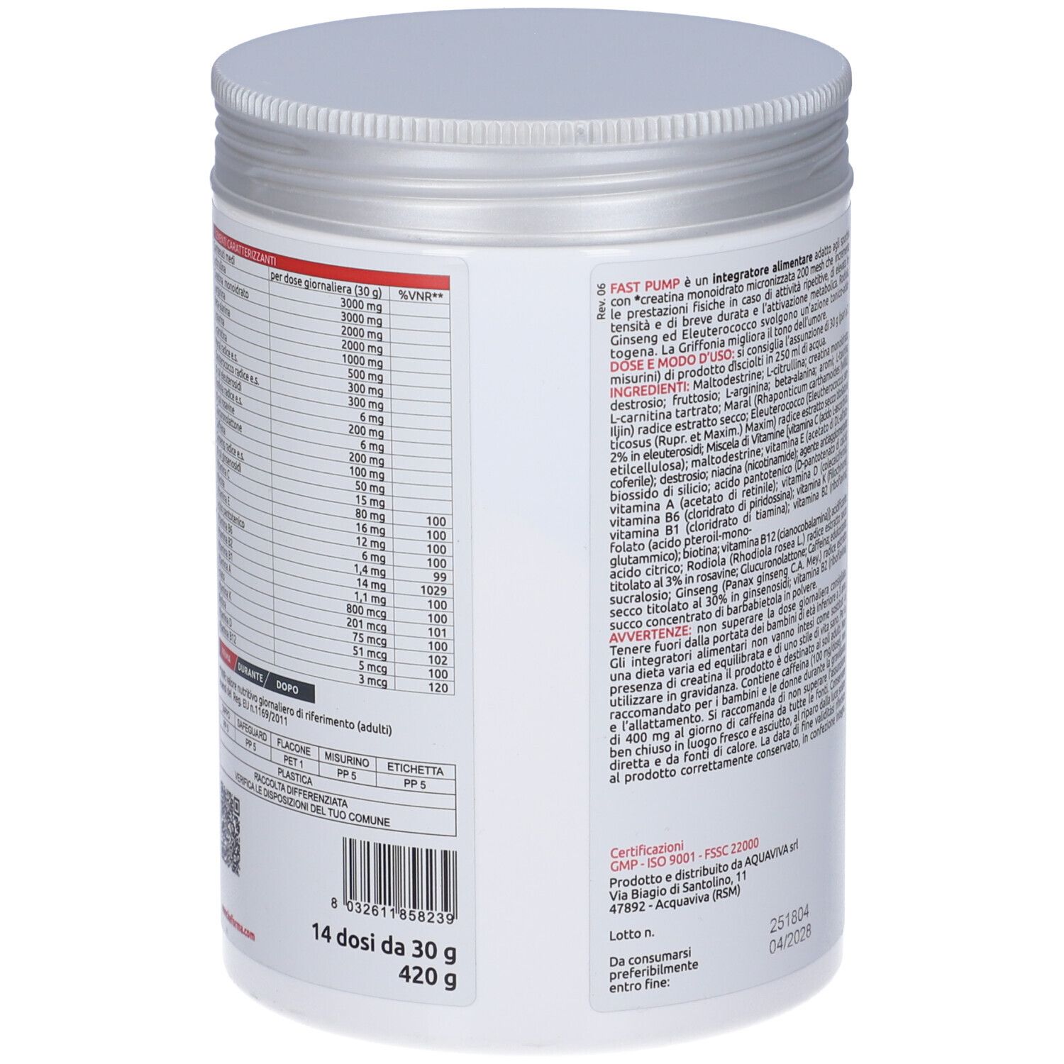 Retro del barattolo bianco di integratore. Testo con ingredienti e informazioni nutrizionali. 14 porzioni, 420 g.