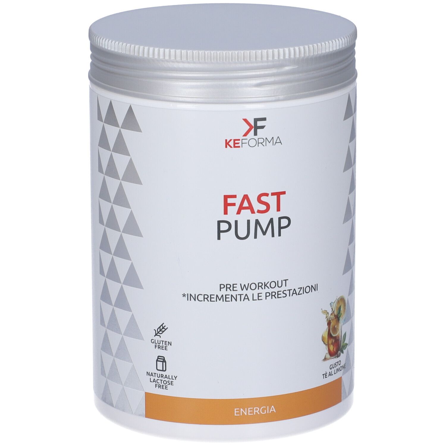 Barattolo bianco di integratore con coperchio argentato. Scritta: Fast Pump Pre-Workout. Senza glutine e senza lattosio. Gusto: Tè al limone.