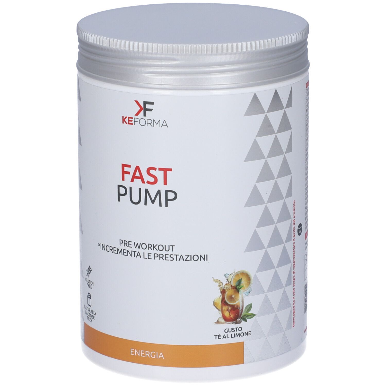 Barattolo bianco di integratore con coperchio argentato. Scritta: Fast Pump Pre-Workout. Gusto: Tè al limone.