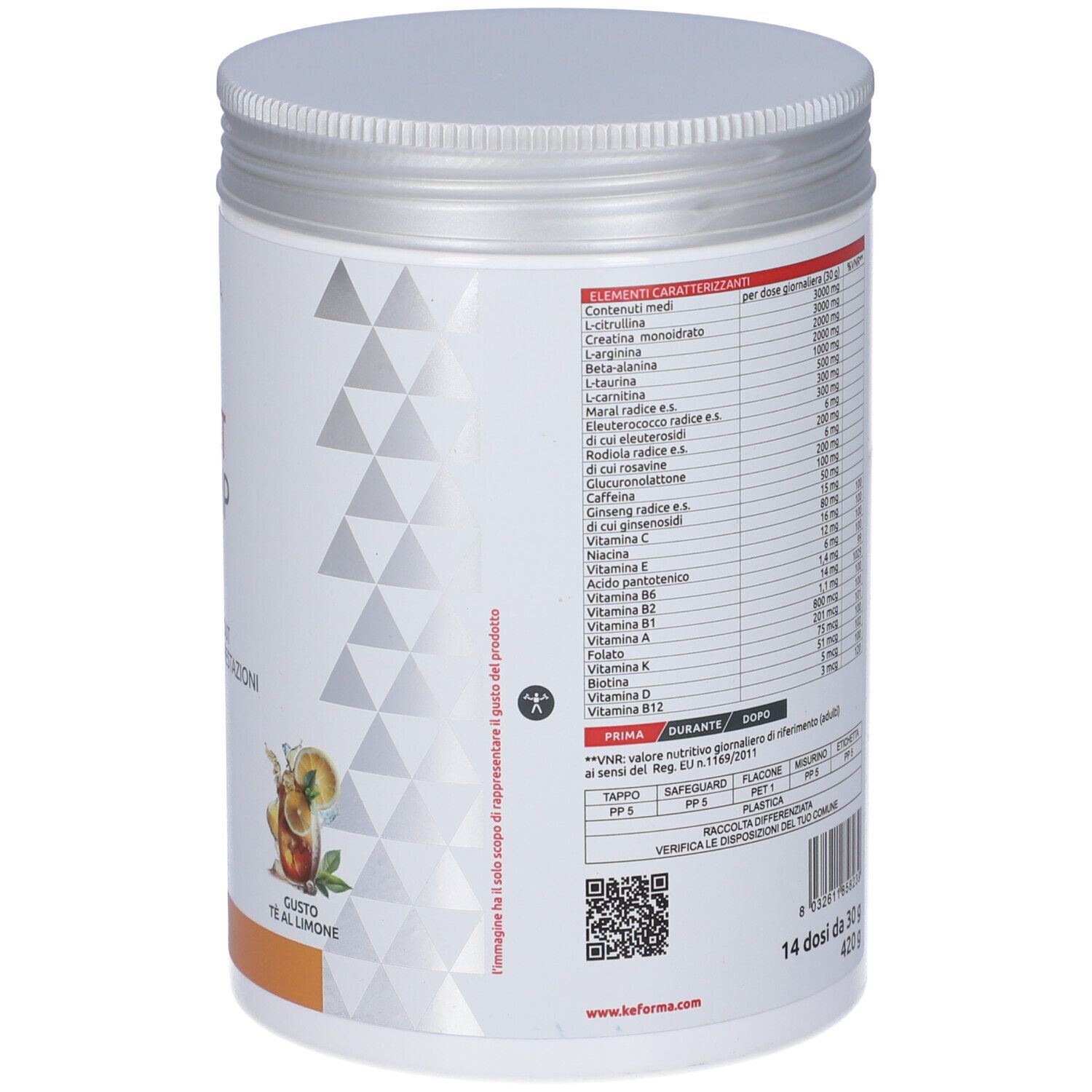 Retro del barattolo bianco di integratore. Testo con ingredienti e informazioni nutrizionali. Gusto: Tè al limone. 14 porzioni.