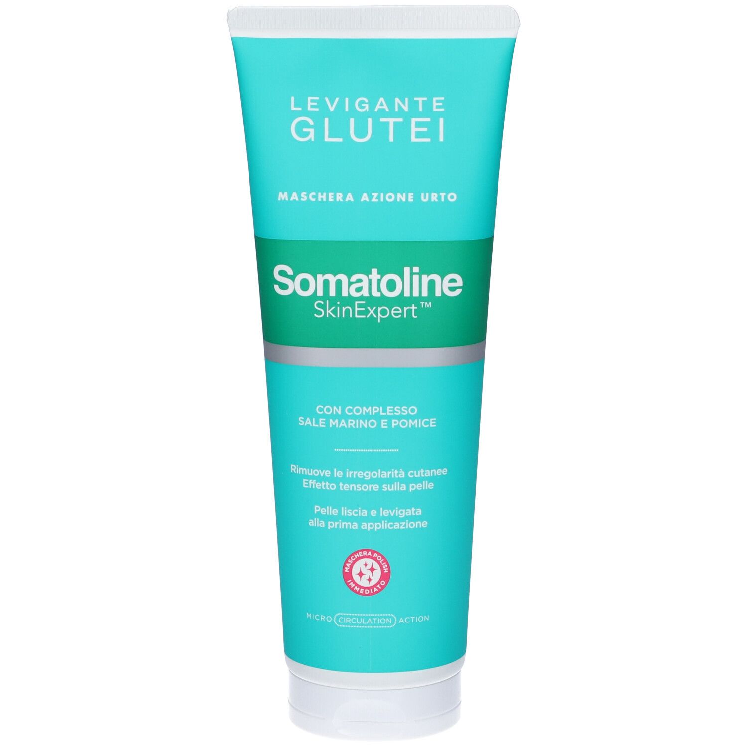 Tubo turchese con tappo bianco. Scritta: Levigante Glutei, Maschera Azione Urto, Somatoline SkinExpert. Contiene sale marino e pomice.