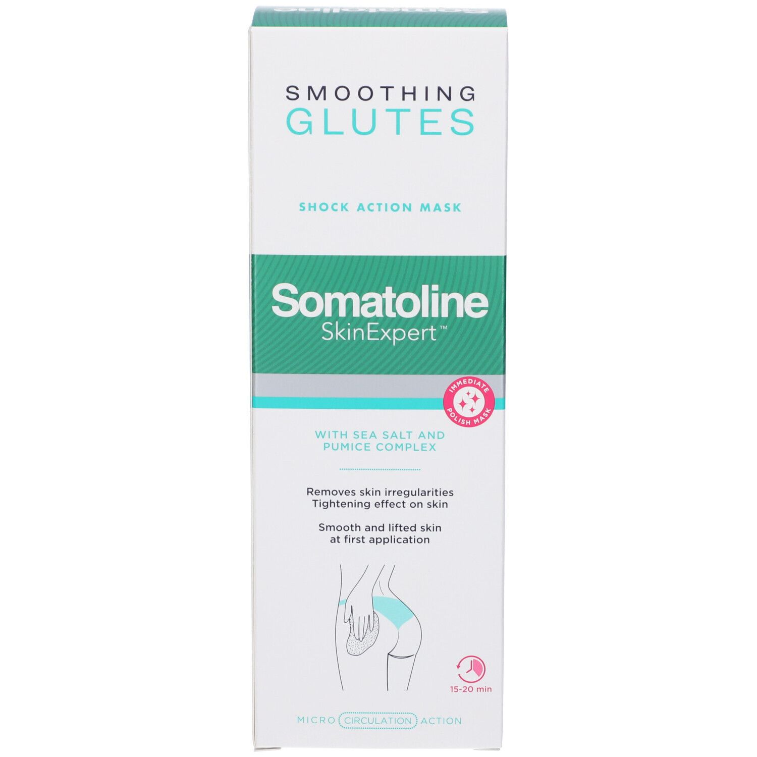 Confezione bianca. Scritta: Smoothing Glutes, Shock Action Mask, Somatoline SkinExpert. Contiene sale marino e pomice.