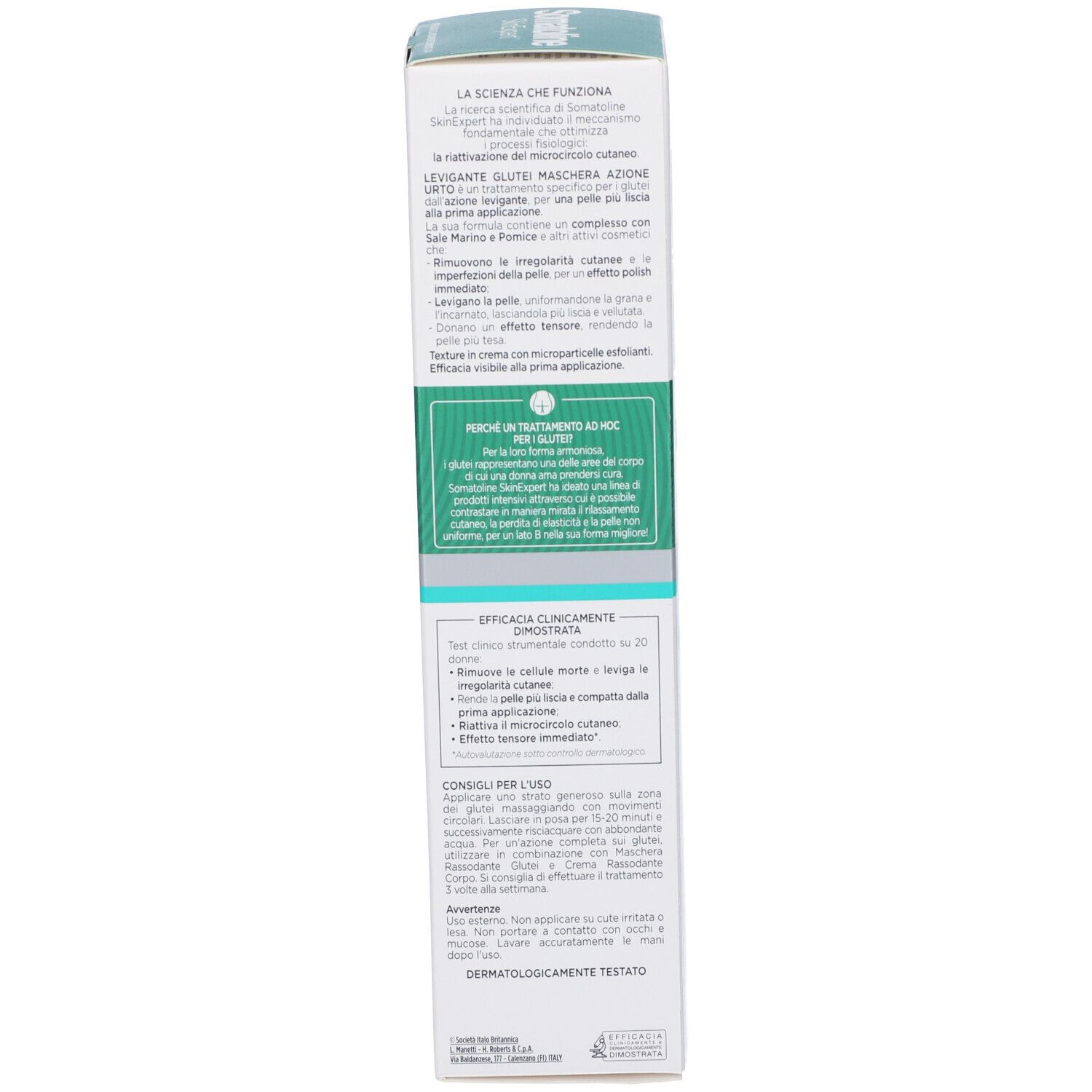 Lato della confezione del prodotto. Testo in italiano. Contiene informazioni sull'uso e sugli ingredienti. 250ml.
