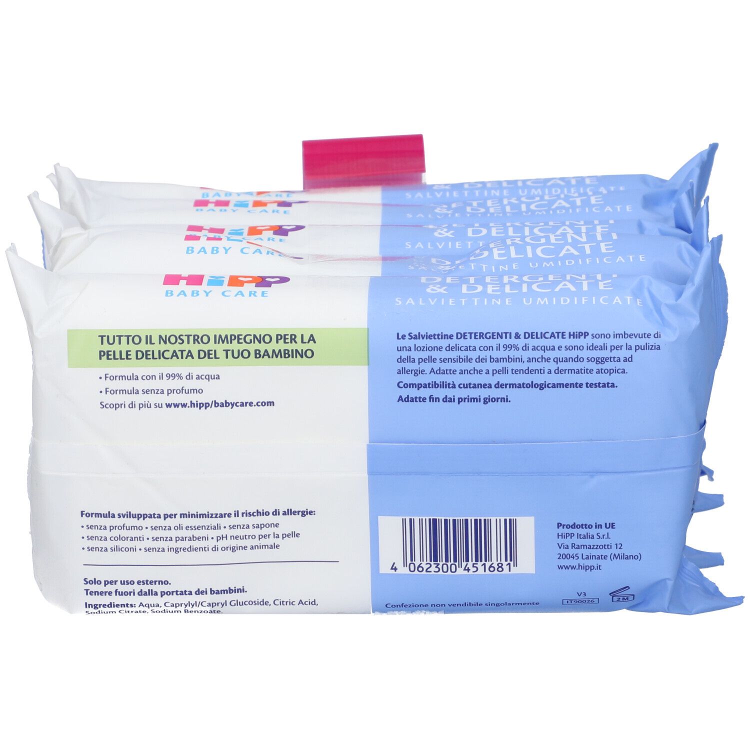 Confezione da 4 salviettine Hipp Baby Care, con scritte blu e bianche.