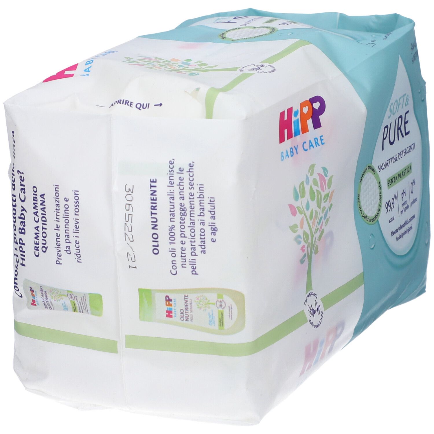 Confezione di salviettine umidificate Hipp Baby Care con logo albero e testo. Contiene 99,9% ingredienti naturali.