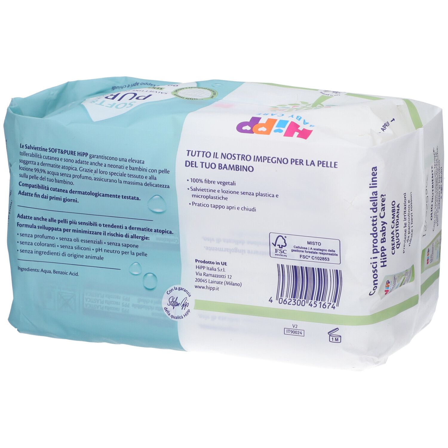 Confezione di salviettine Hipp Baby Care con scritte. Design turchese a sinistra, bianco con accenti verdi a destra.