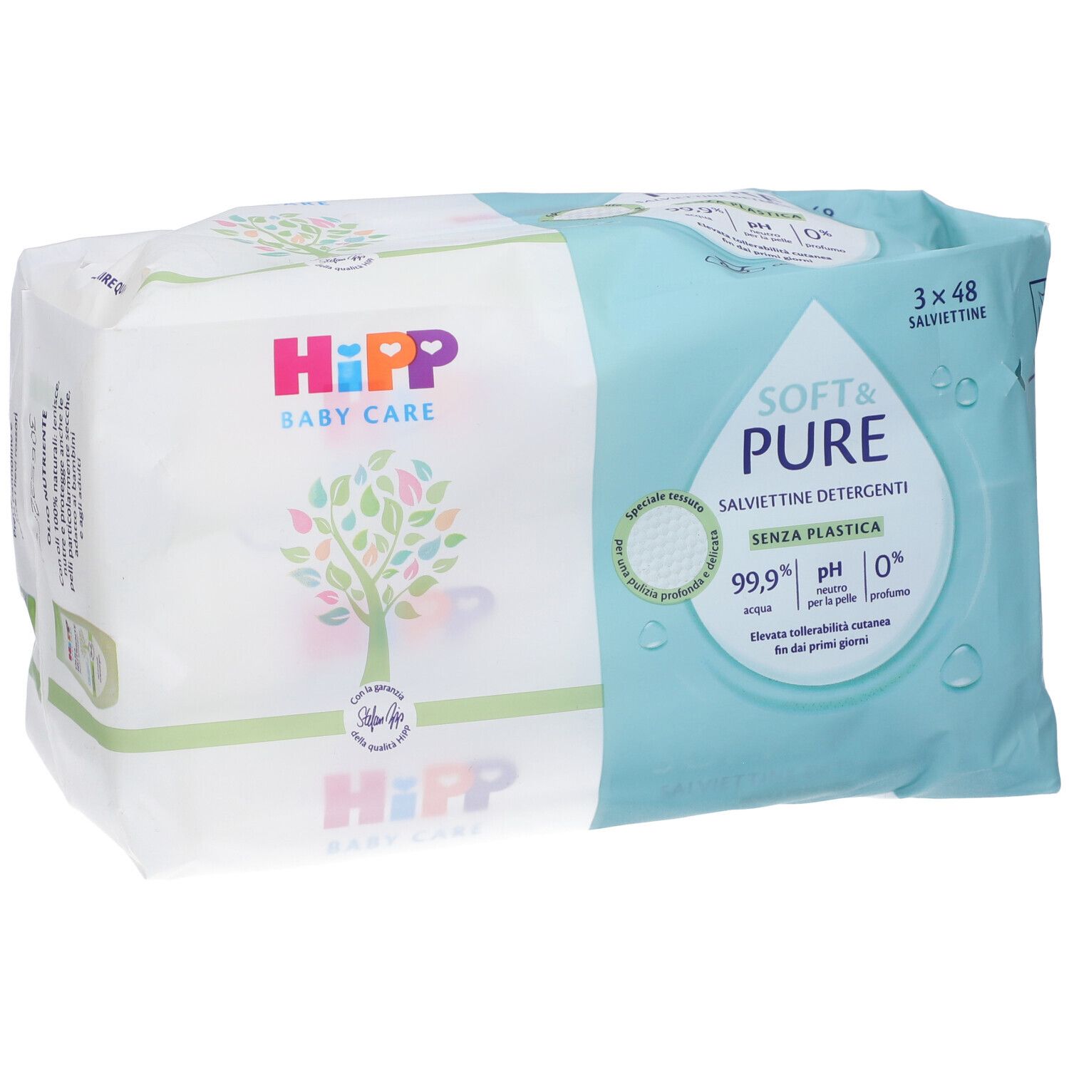 Salviettine Hipp Baby Care, 3x48, Soft & Pure, senza plastica, 99,9% acqua, pH neutro.