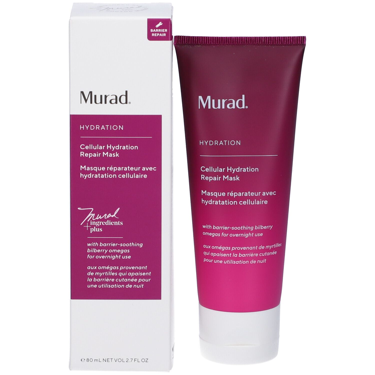 Confezione del prodotto e tubo. Confezione: bianca con accento viola. Scritta: Murad.