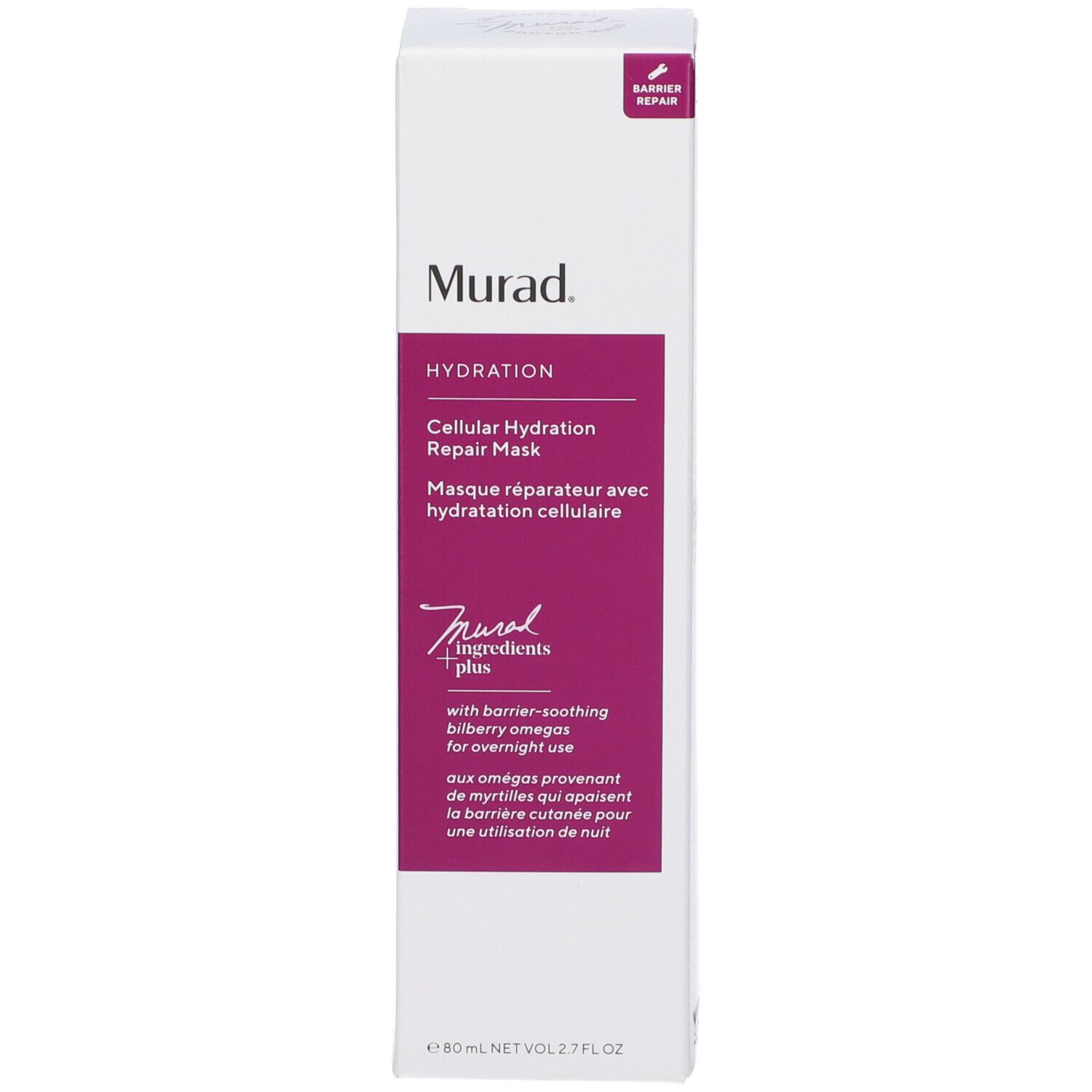 Confezione bianca del prodotto. Scritta: Murad, Hydration, Cellular Hydration Repair Mask.