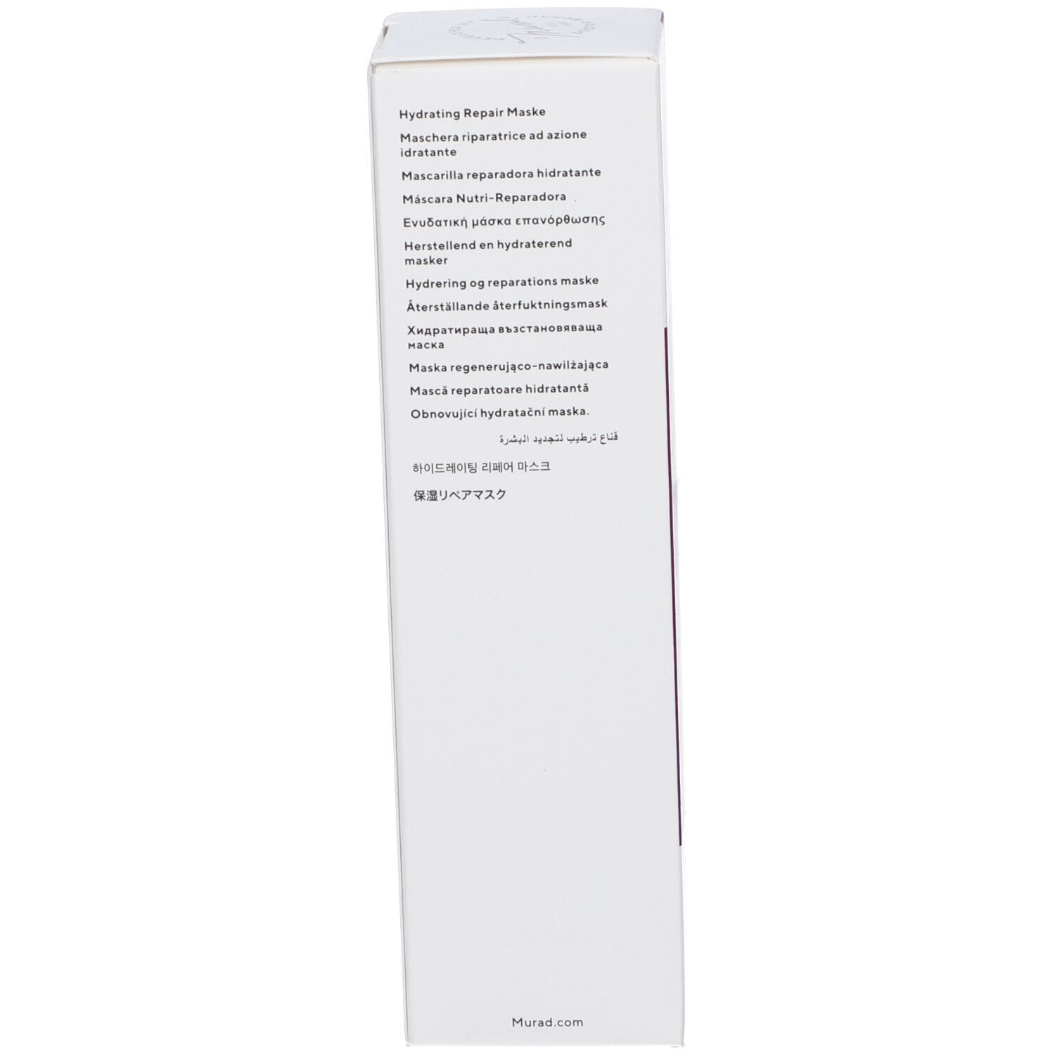 Retro della confezione del prodotto. Testo in più lingue. Murad.com.