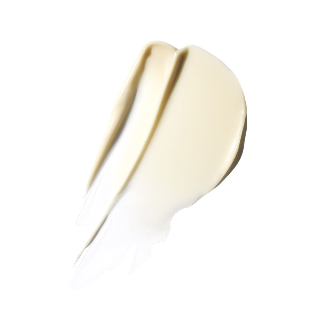 Prodotto cremoso, color crema, su sfondo bianco. Due strisce cremose.