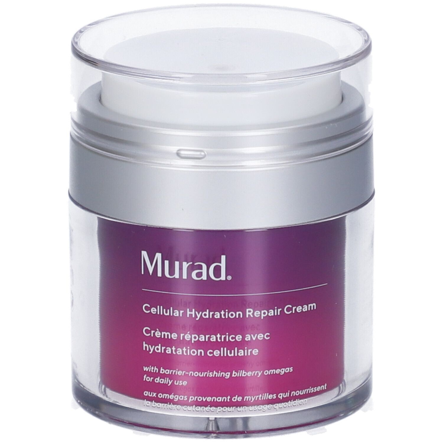 Vaso cilindrico con coperchio argentato. Scritta: Murad Cellular Hydration Repair Cream. Colore viola del prodotto visibile.