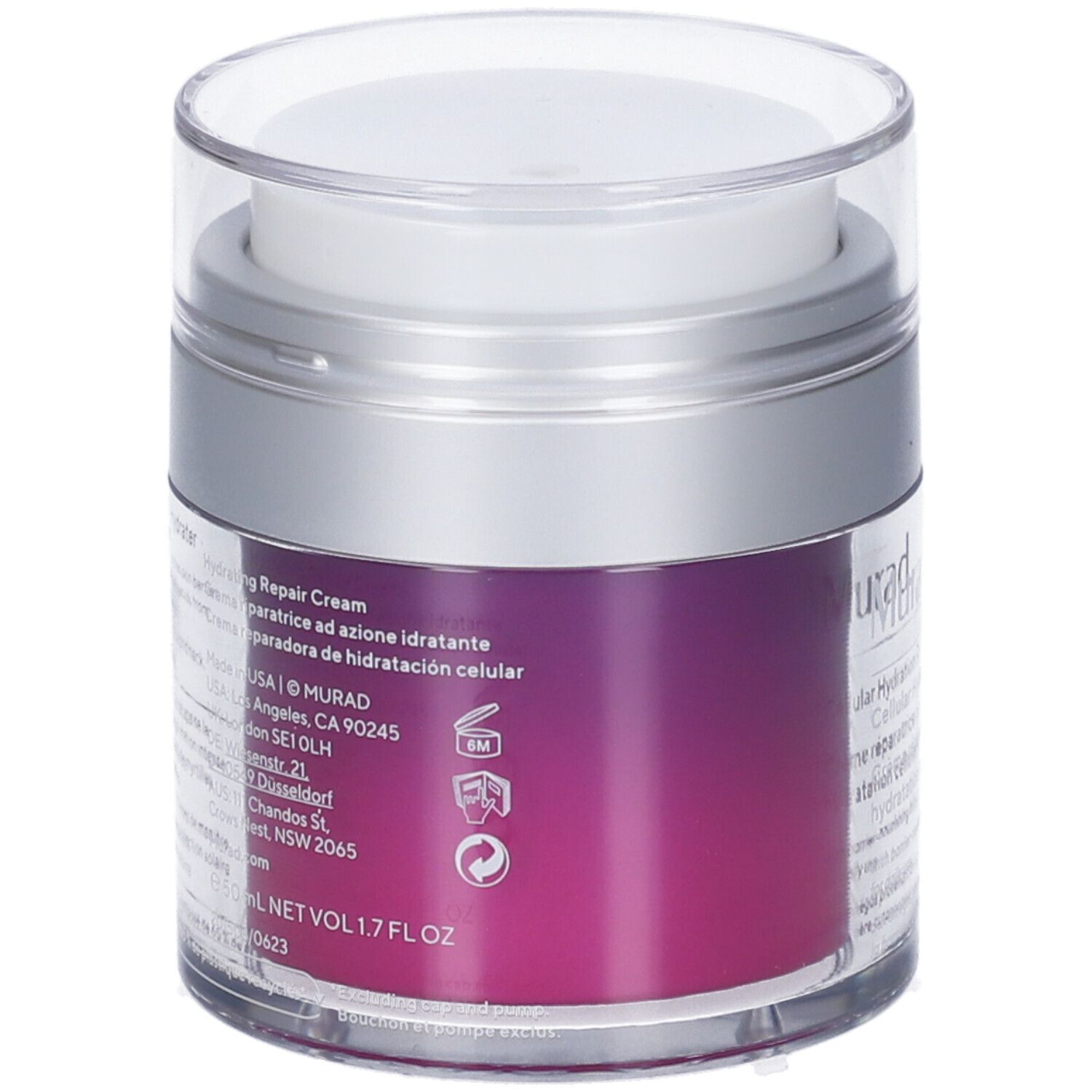 Retro del vaso. Informazioni testuali e loghi. Colore viola del prodotto visibile.