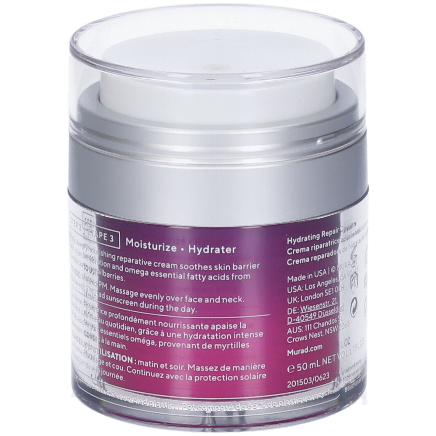 Retro del vaso. Informazioni testuali e loghi. Colore viola del prodotto visibile.