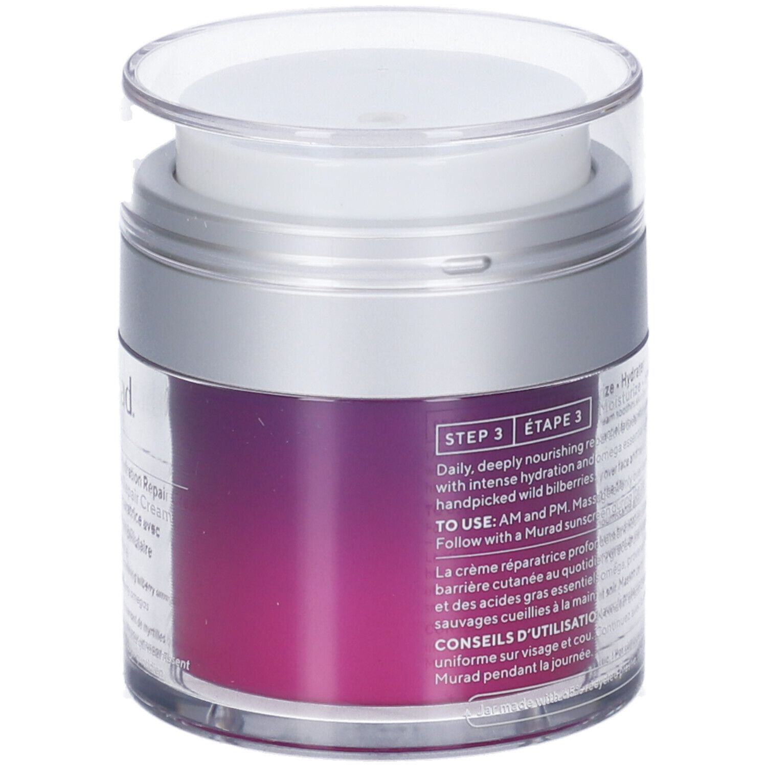 Retro del vaso. Informazioni testuali e loghi. Colore viola del prodotto visibile.