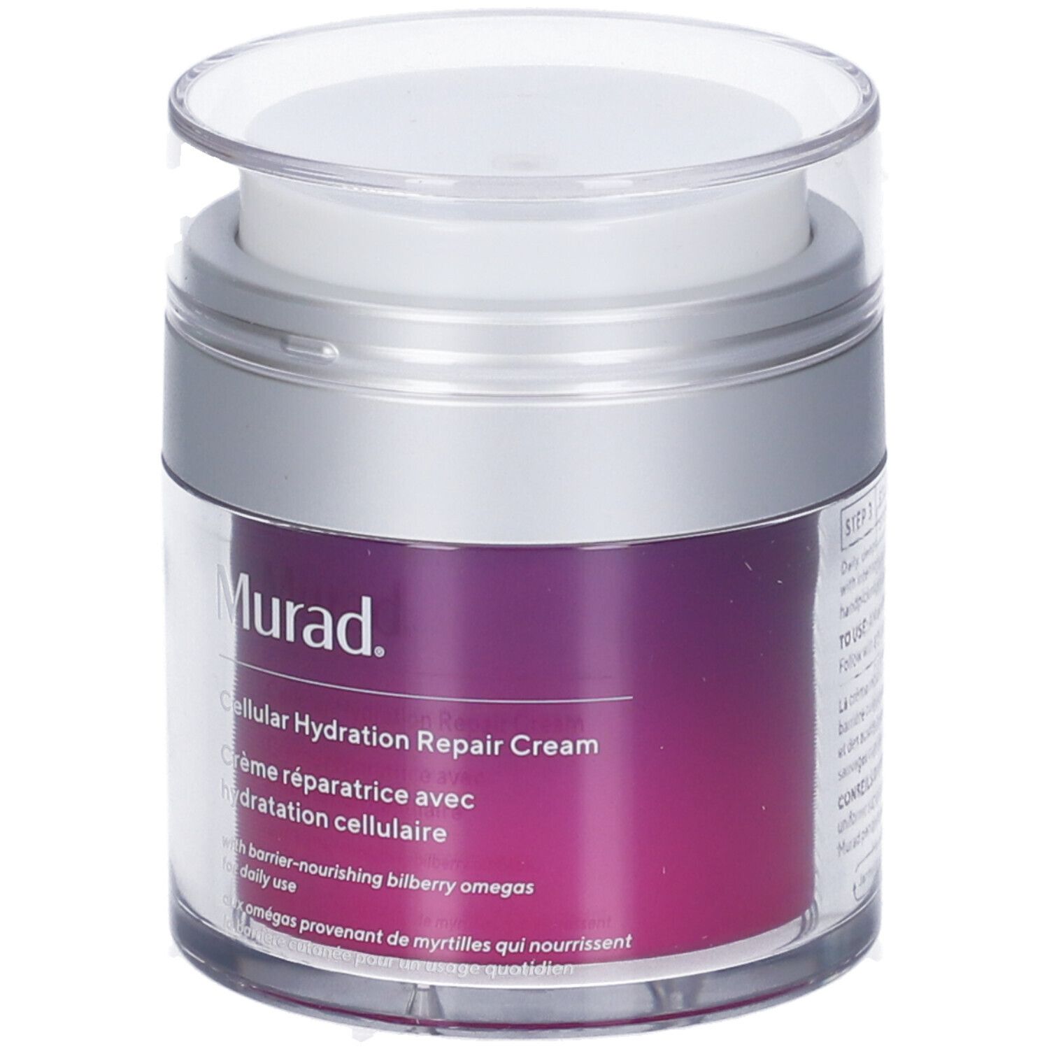 Vaso cilindrico con coperchio argentato. Scritta: Murad Cellular Hydration Repair Cream. Colore viola del prodotto visibile.