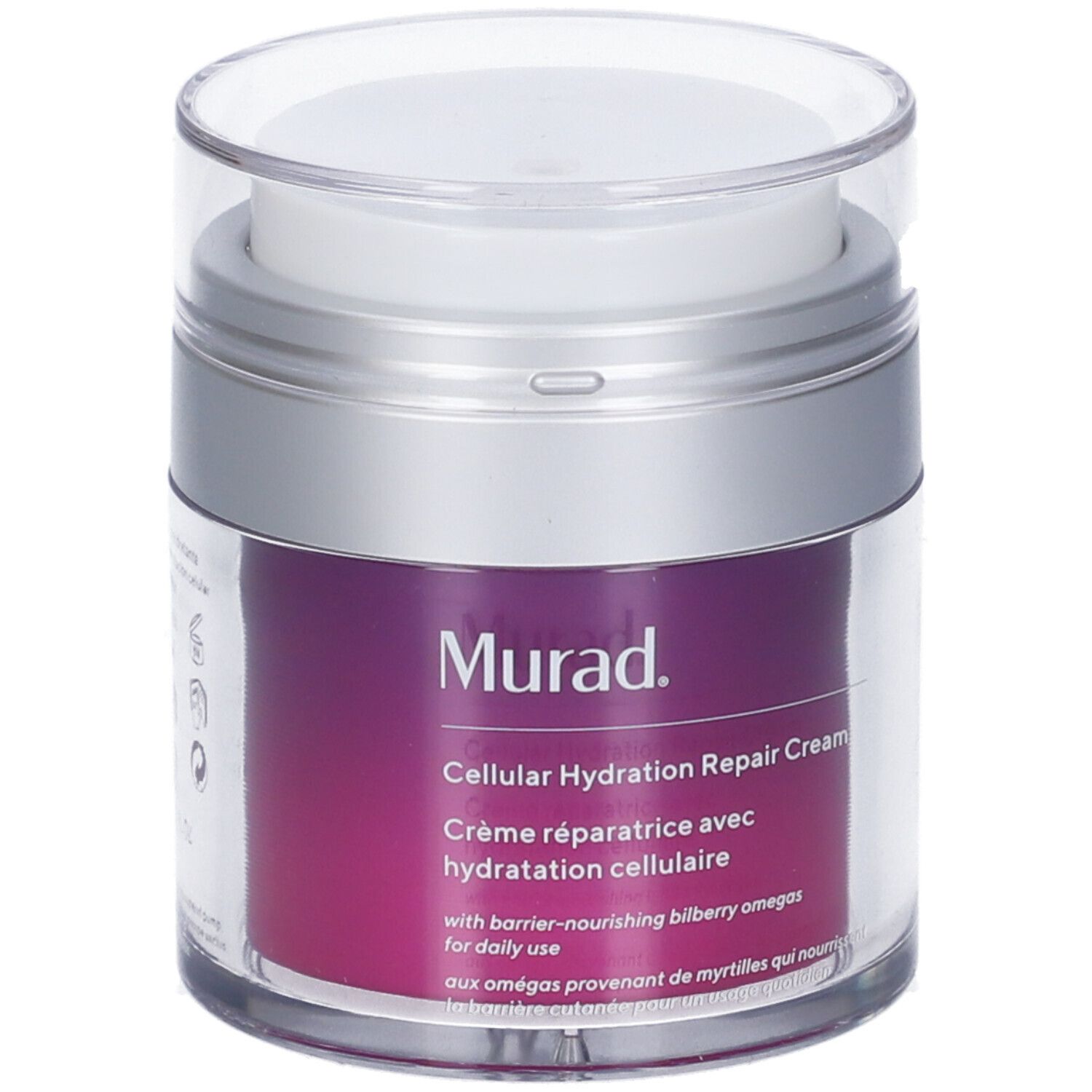 Vaso cilindrico con coperchio argentato. Scritta: Murad Cellular Hydration Repair Cream. Colore viola del prodotto visibile.