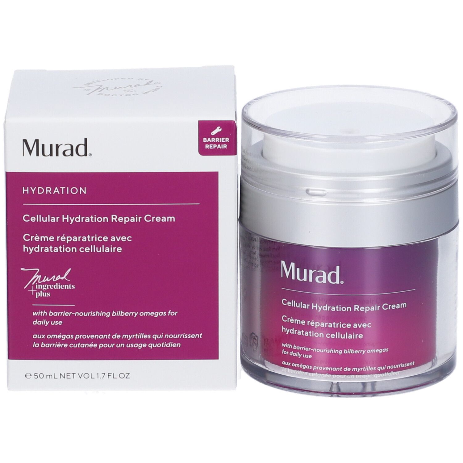 Confezione del prodotto e vaso. Scritta: Murad Cellular Hydration Repair Cream. Colore viola del prodotto visibile.