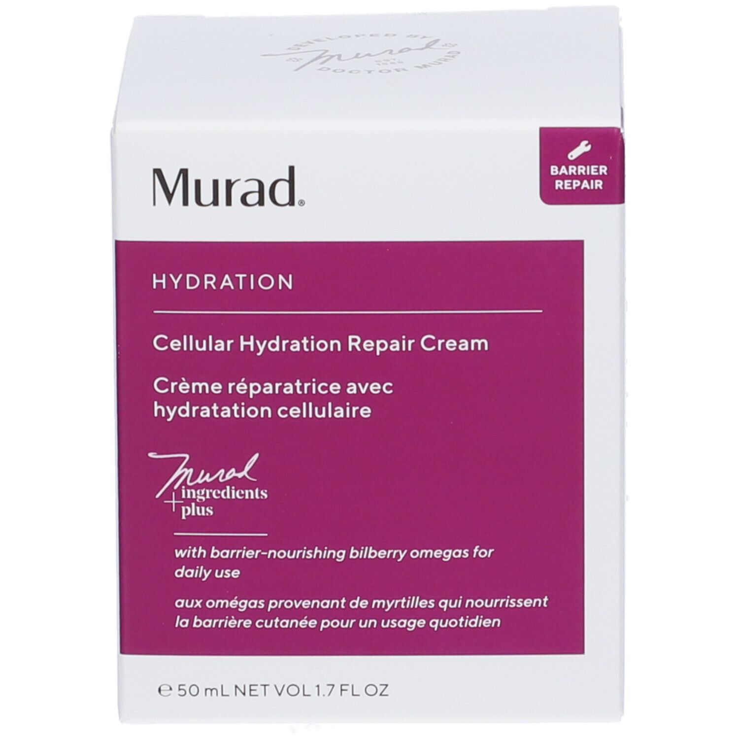 Confezione del prodotto. Scritta: Murad Cellular Hydration Repair Cream. Colore viola del prodotto visibile.