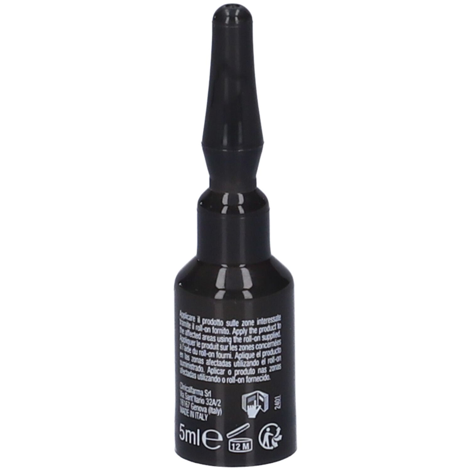 Fiala nera con chiusura a punta. Scritta: 5ml, 12M. Retro con testo e simboli.