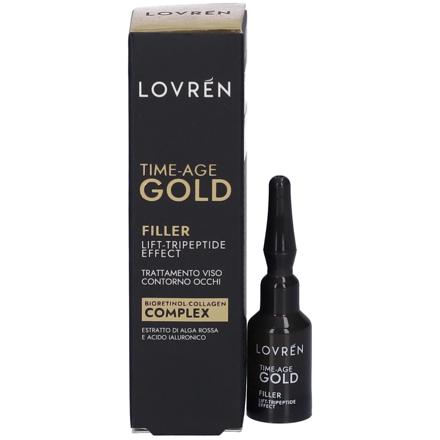 Fiala nera e scatola. Scritta: Lovren, Time-Age Gold, Filler, Lift-Tripeptide Effect. Con testo.