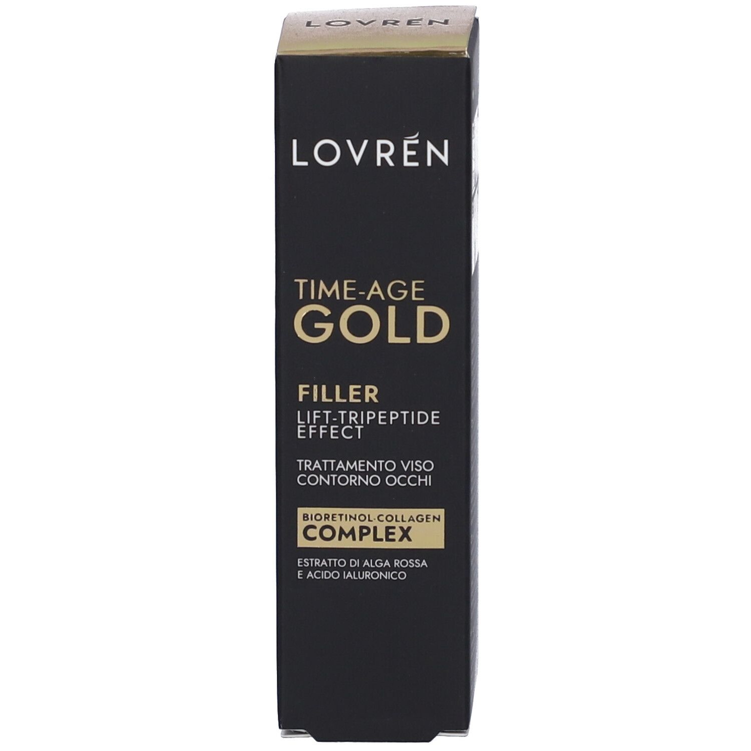 Scatola nera. Scritta: Lovren, Time-Age Gold, Filler, Lift-Tripeptide Effect. Con testo.
