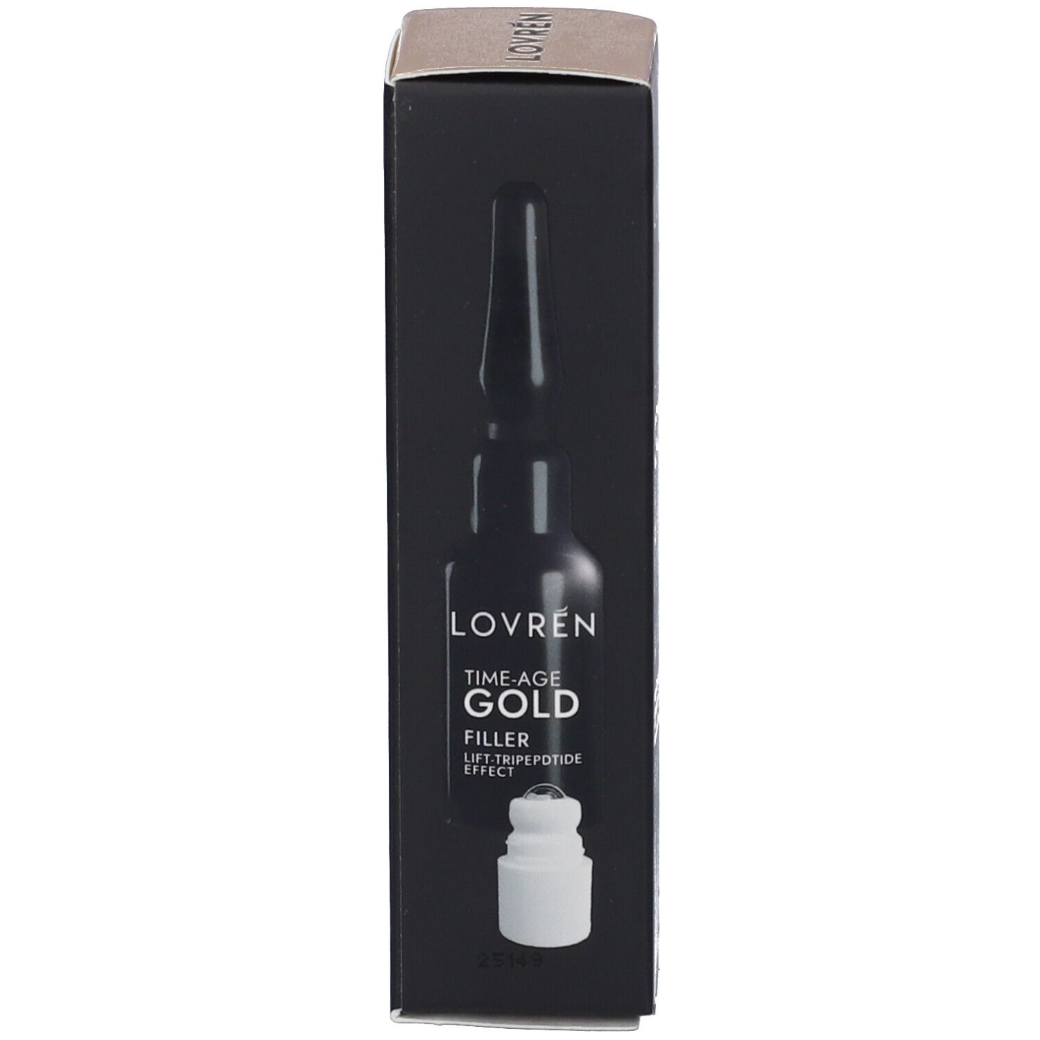 Fiala nera, scatola e applicatore. Scritta: Lovren, Time-Age Gold, Filler, Lift-Tripeptide Effect.