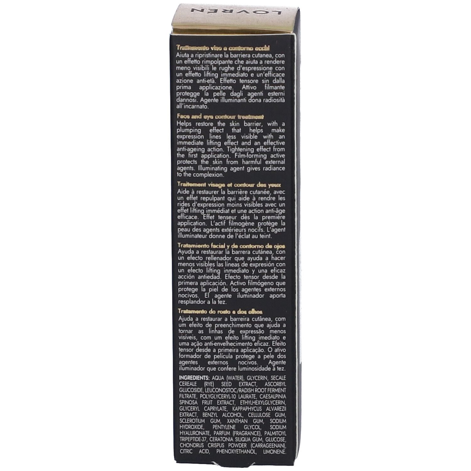 Scatola nera con testo. Scritta: Lovren, Time-Age Gold, Filler, Lift-Tripeptide Effect. Ingredienti.