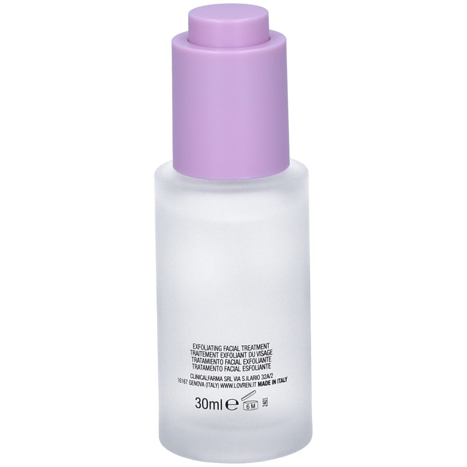 Retro del flacone con testo. Scritta: Exfoliating facial treatment, 30ml. Prodotto in Italia. Logo.