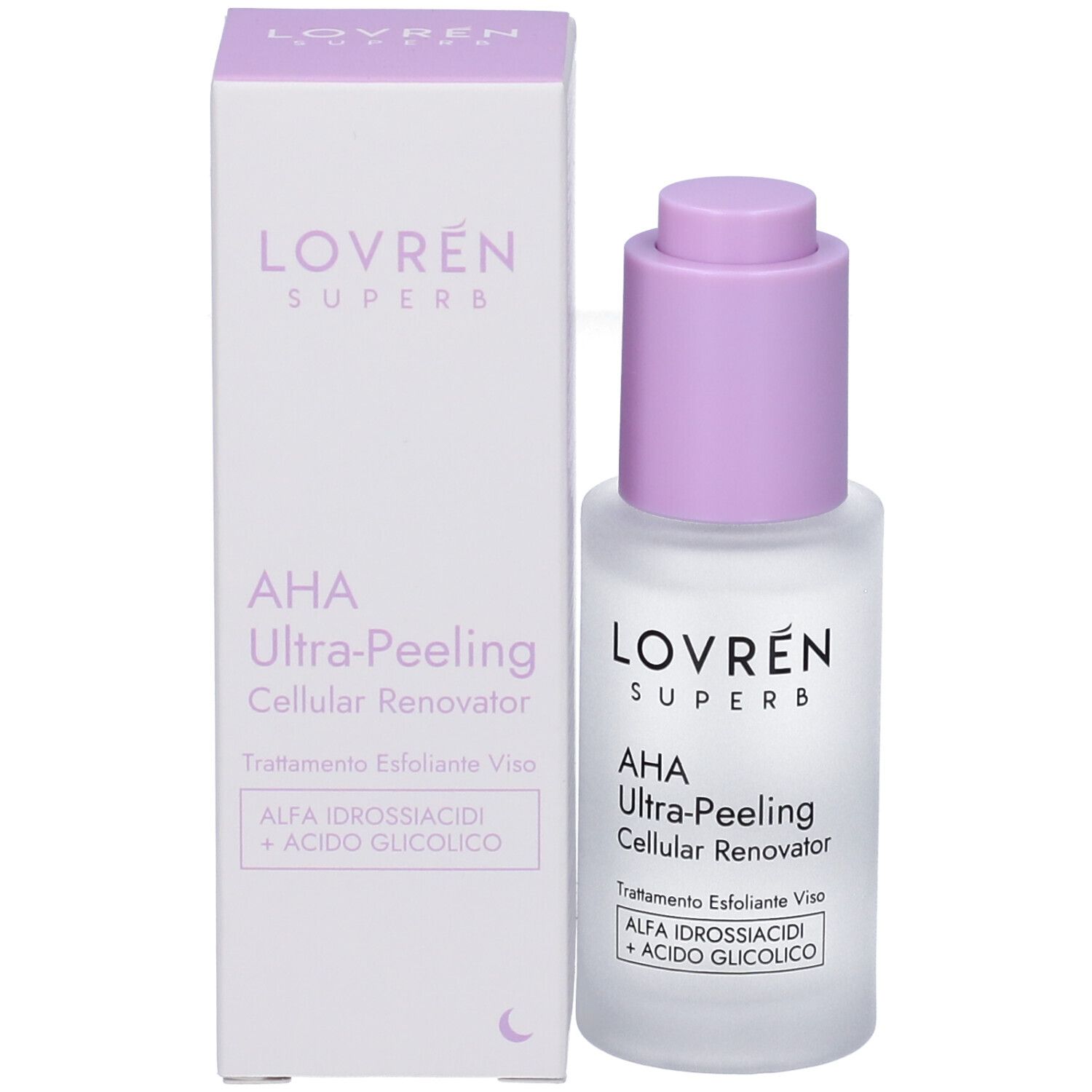 Prodotto e confezione. Flacone e scatola con scritta: LOVRÉN SUPERB AHA Ultra-Peeling Cellular Renovator. Contiene alfa-idrossiacidi e glicolico.