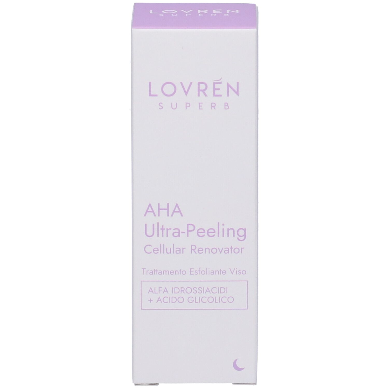 Confezione rettangolare alta. Scritta: LOVRÉN SUPERB AHA Ultra-Peeling Cellular Renovator. Contiene alfa-idrossiacidi e glicolico.