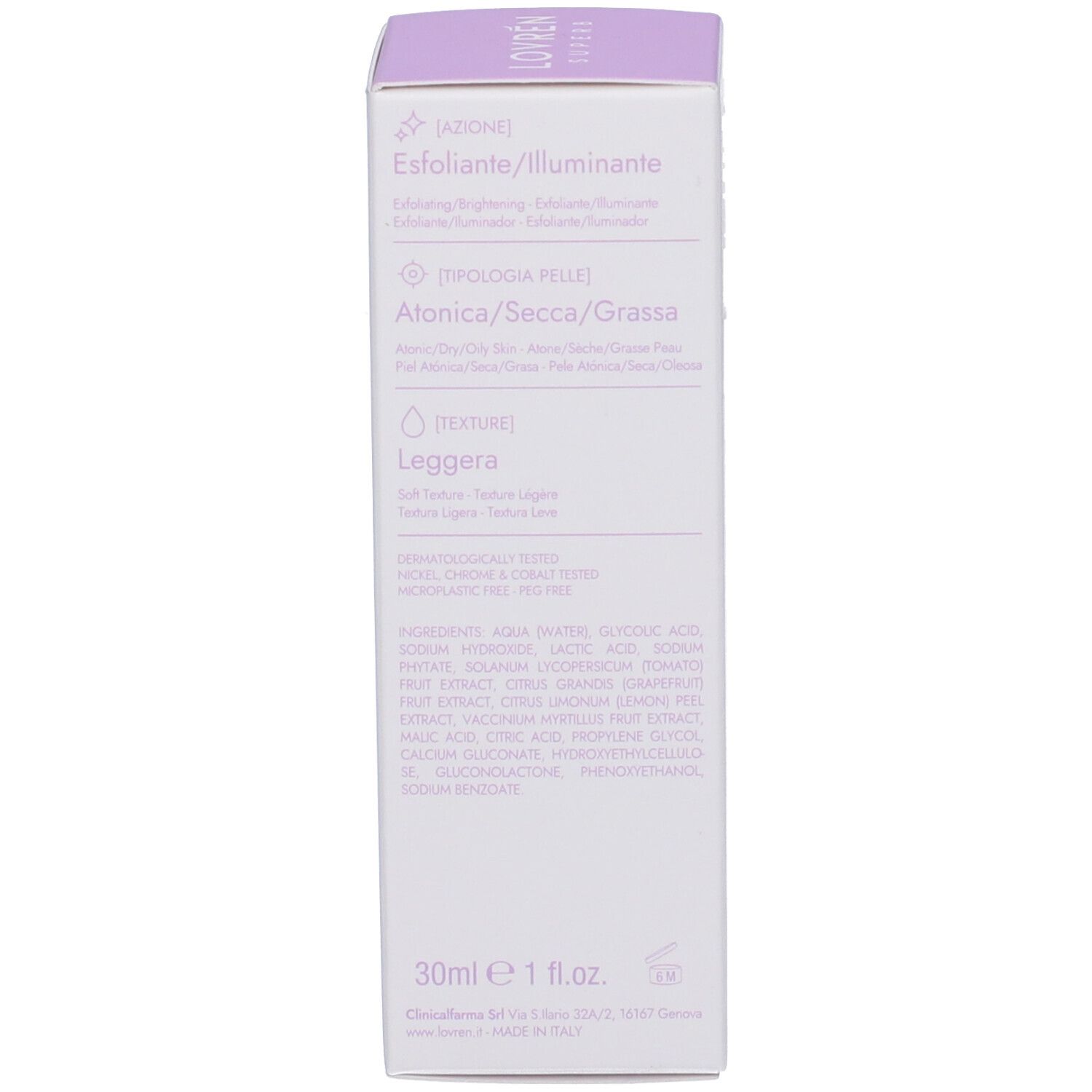 Confezione con testo. Scritta: Esfoliante/illuminante, 30ml. Ingredienti e istruzioni per l'uso. Logo.