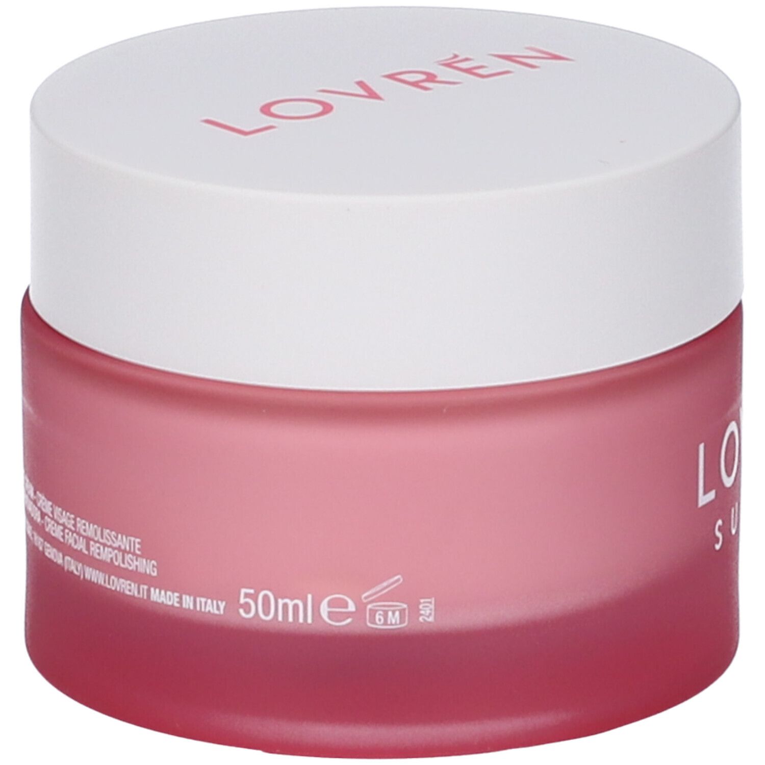 Vasetto rosa con coperchio bianco. Scritta "LOVREN SUPERB". Testo: "50ml".