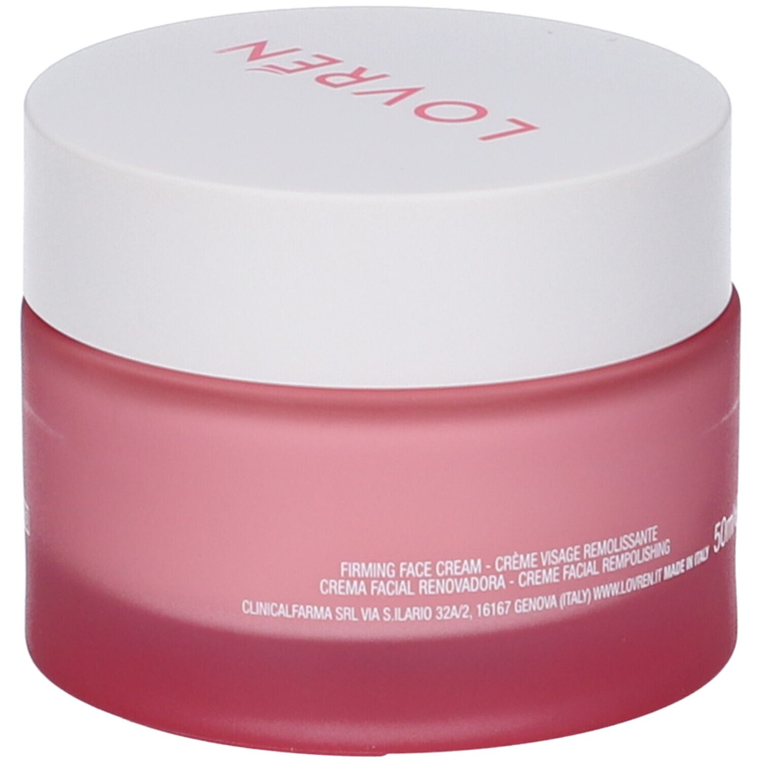 Vasetto rosa con coperchio bianco. Scritta "LOVREN". Testo: "Firming Face Cream".