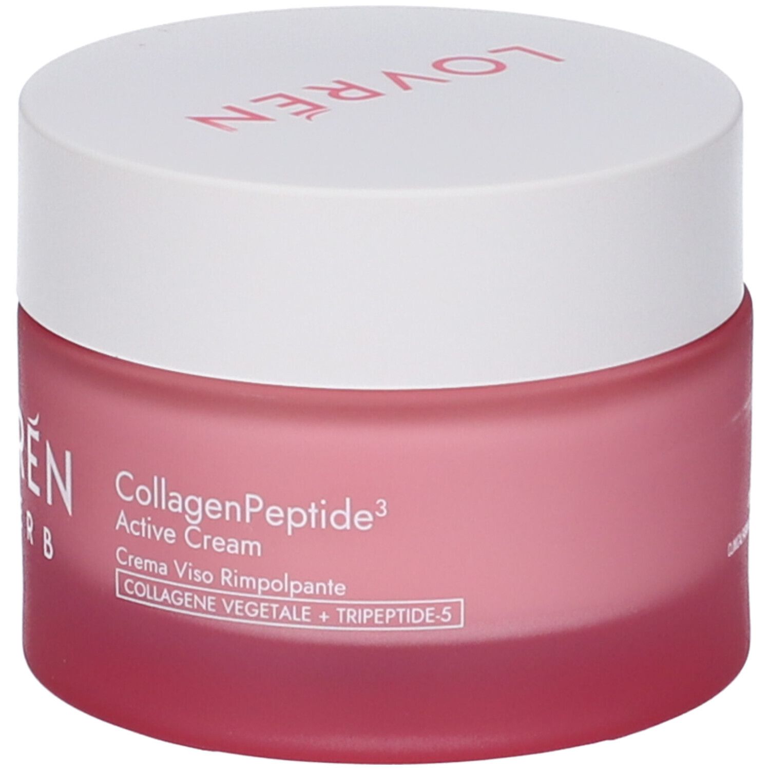 Vasetto rosa con coperchio bianco. Scritta "LOVREN SUPERB". Testo: "Collagen Peptide Active Cream".
