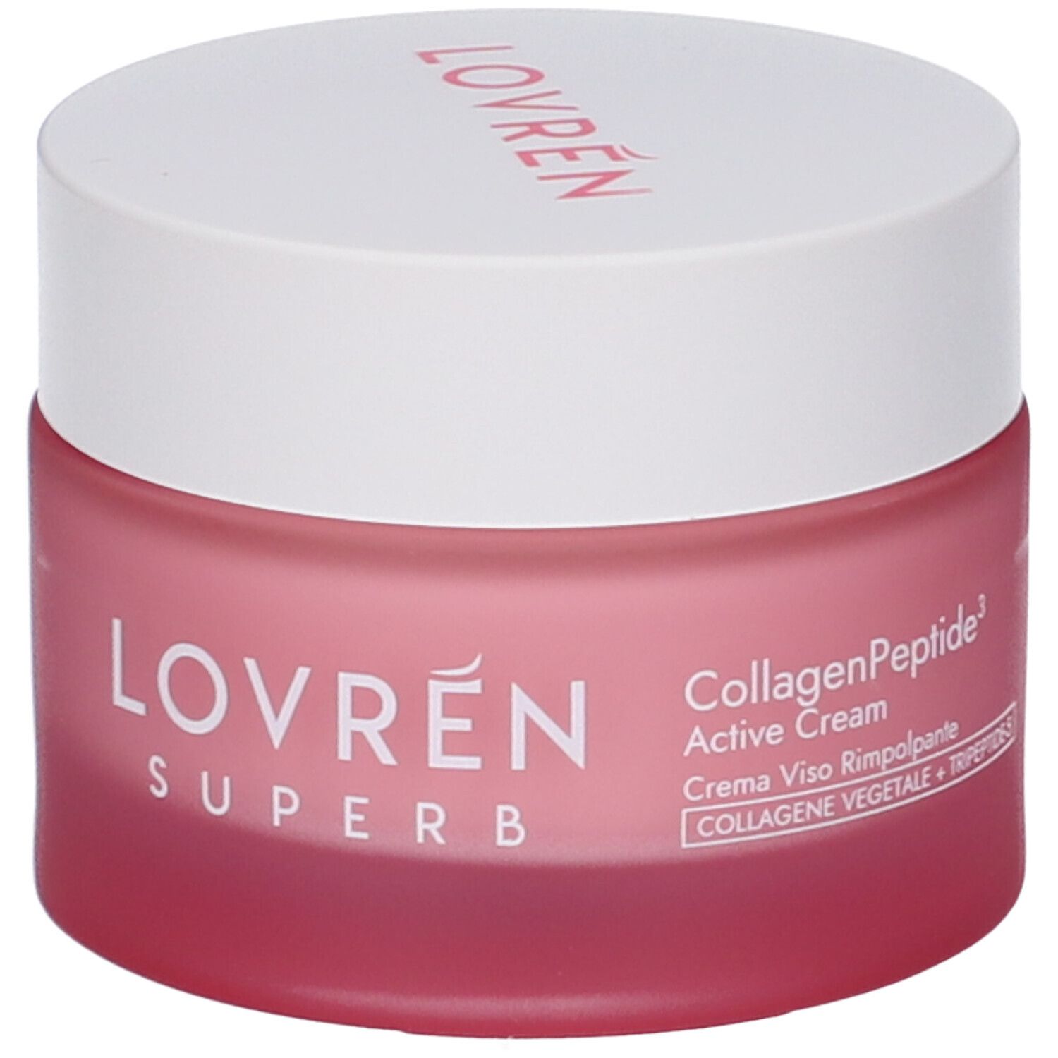 Vasetto rosa con coperchio bianco. Scritta "LOVREN SUPERB". Testo: "Collagen Peptide Active Cream".