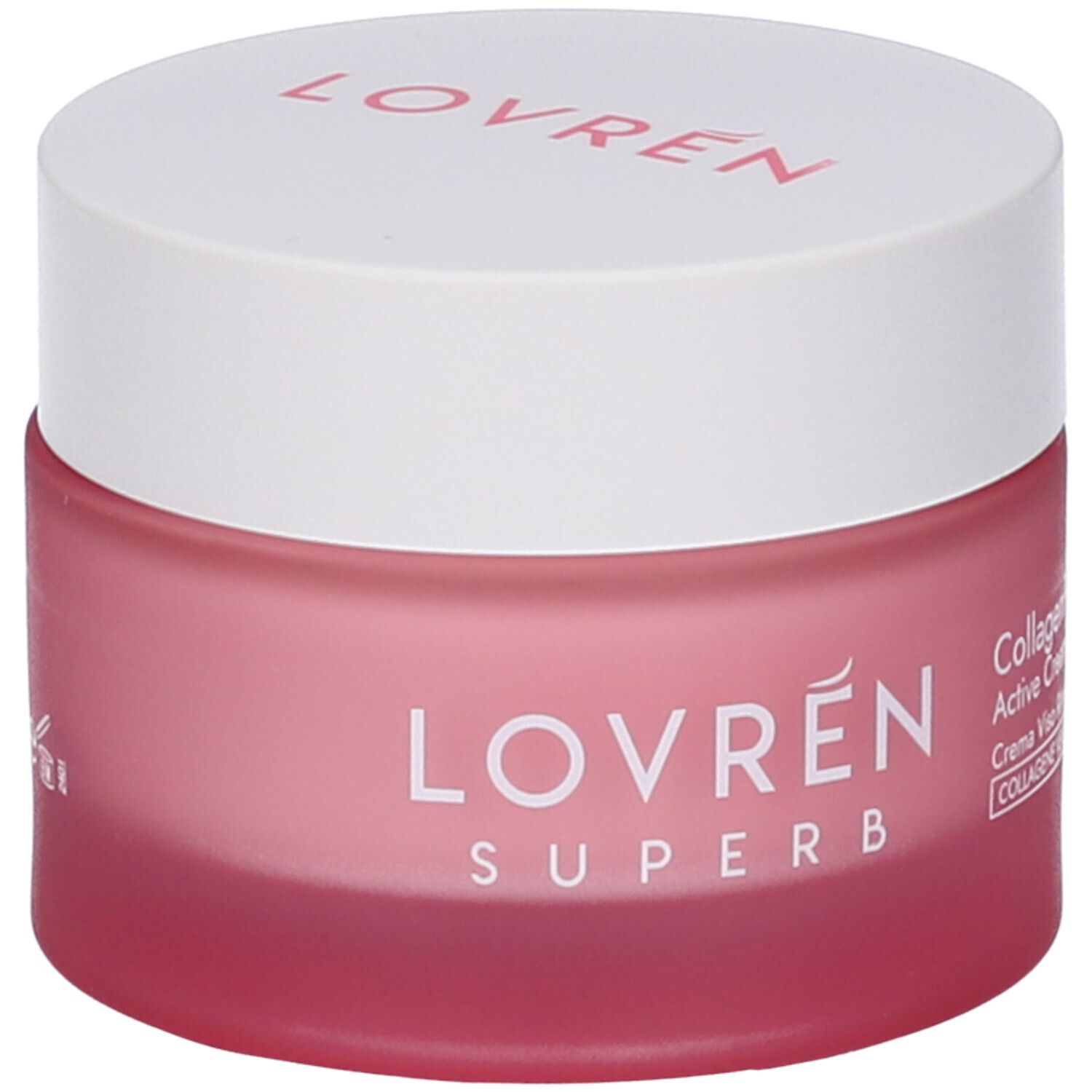 Vasetto rosa con coperchio bianco. Scritta "LOVREN SUPERB". Testo: "Collagen Peptide Active Cream".