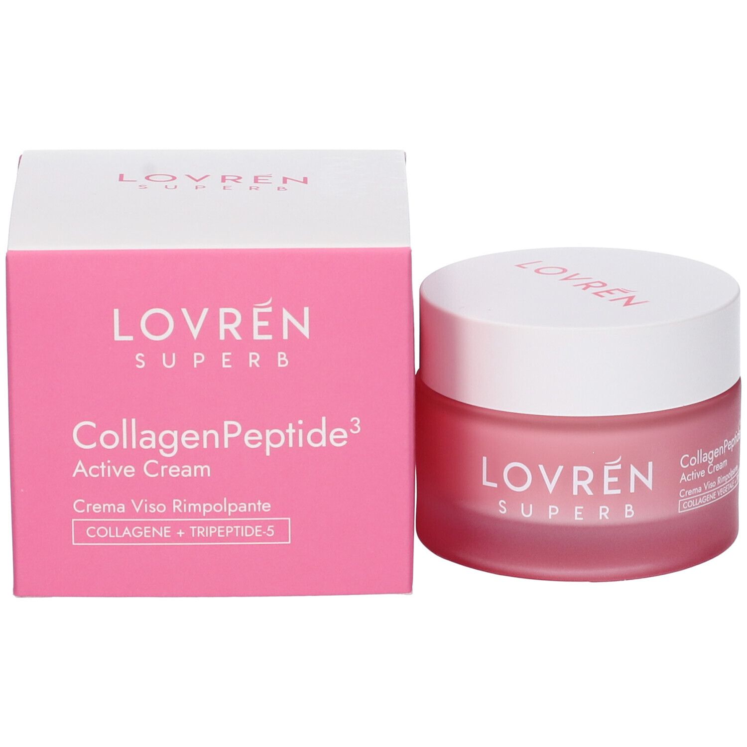 Scatola e vasetto rosa. Scritta "LOVREN". Testo: "Collagen Peptide Active Cream".