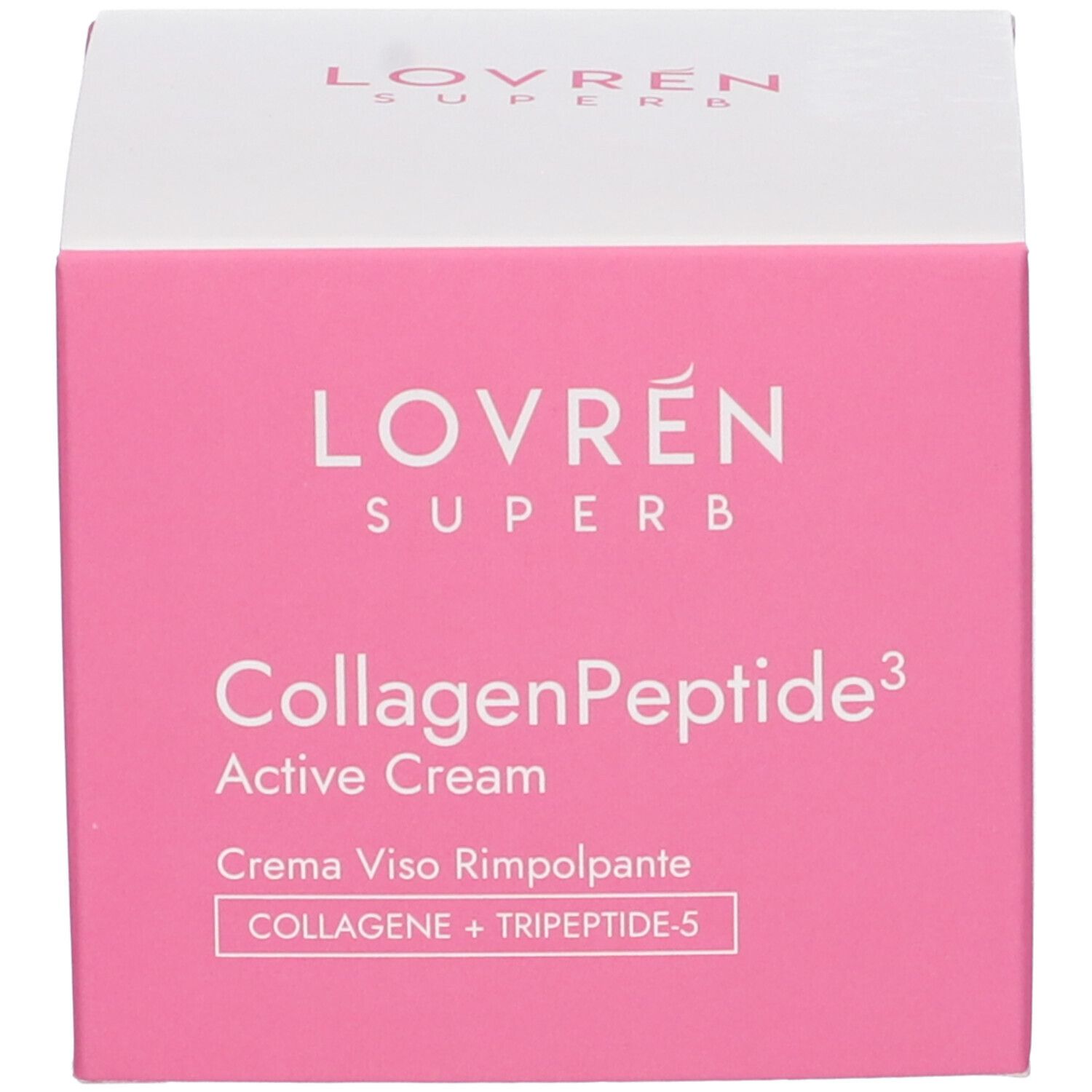 Scatola rosa. Scritta "LOVREN SUPERB". Testo: "Collagen Peptide Active Cream".