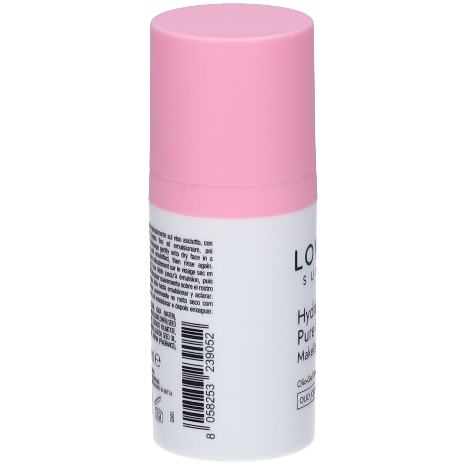 Flacone bianco e rosa. Codice a barre e testo sul retro. Testo in italiano.
