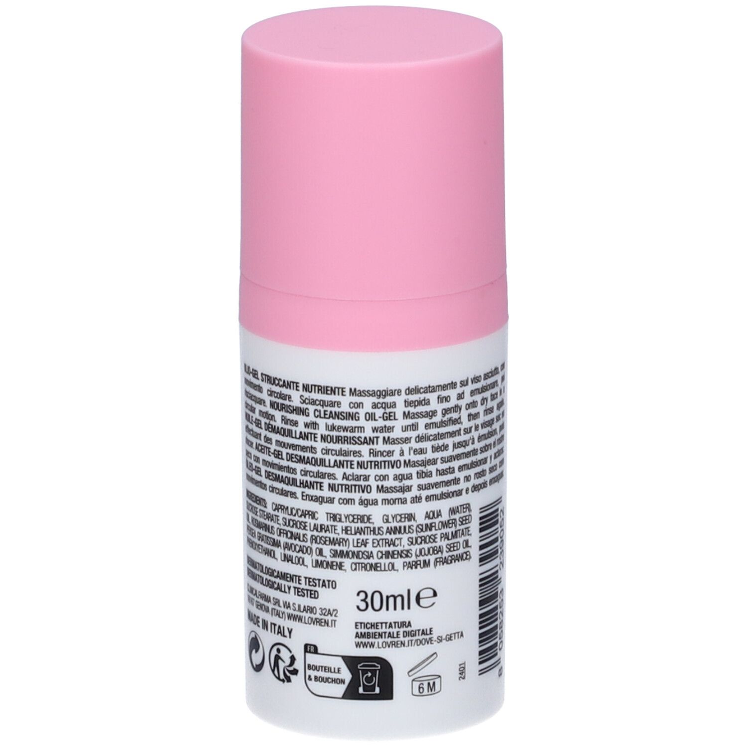 Flacone bianco e rosa. Testo sul retro. Testo in italiano. 30ml.