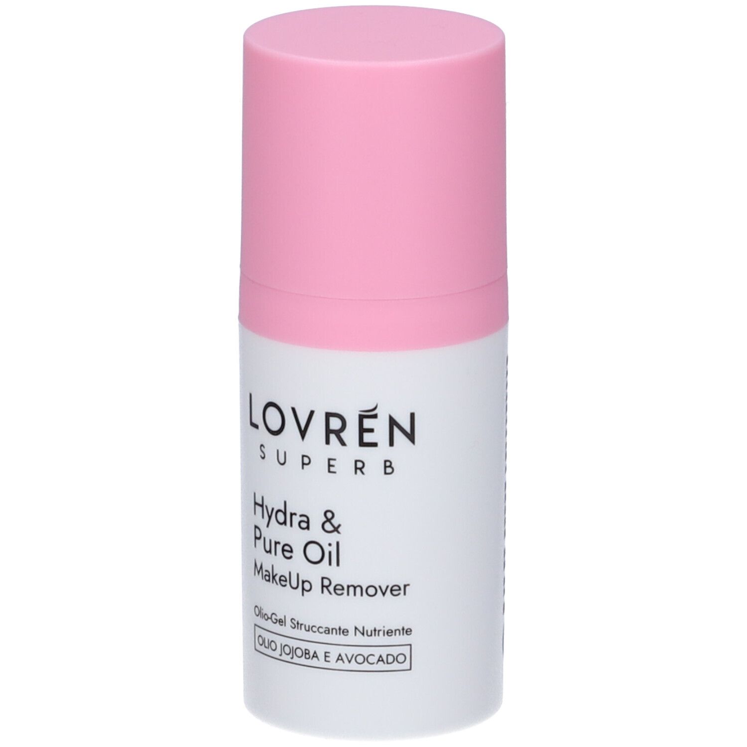Flacone bianco e rosa. Scritta: Lovren Superb, Hydra & Pure Oil Makeup Remover. Oilo-Gel Struccante Nutriente. Oilo Jojoba e Avocado.