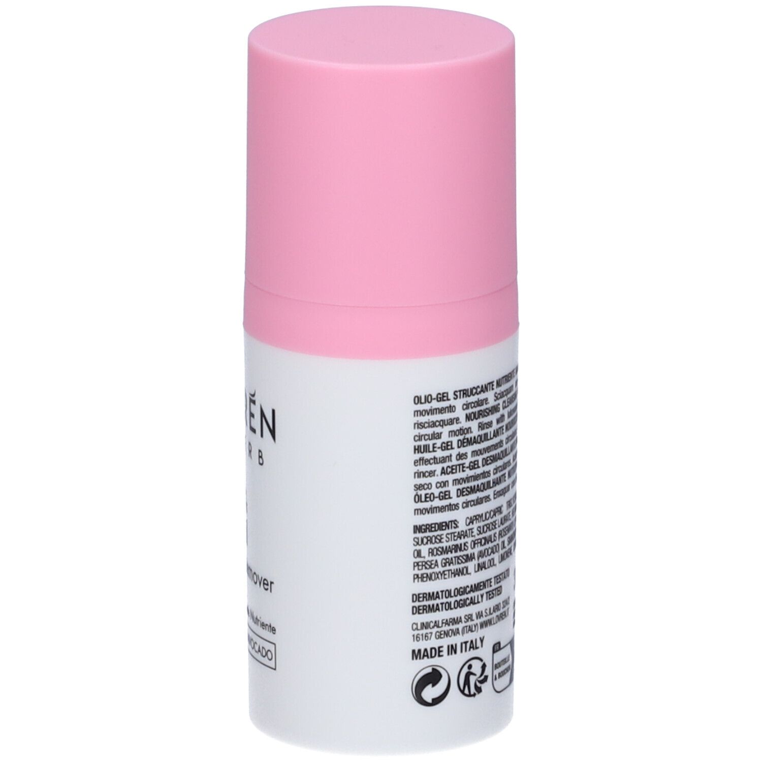 Flacone bianco e rosa. Testo sul retro. Testo in italiano.