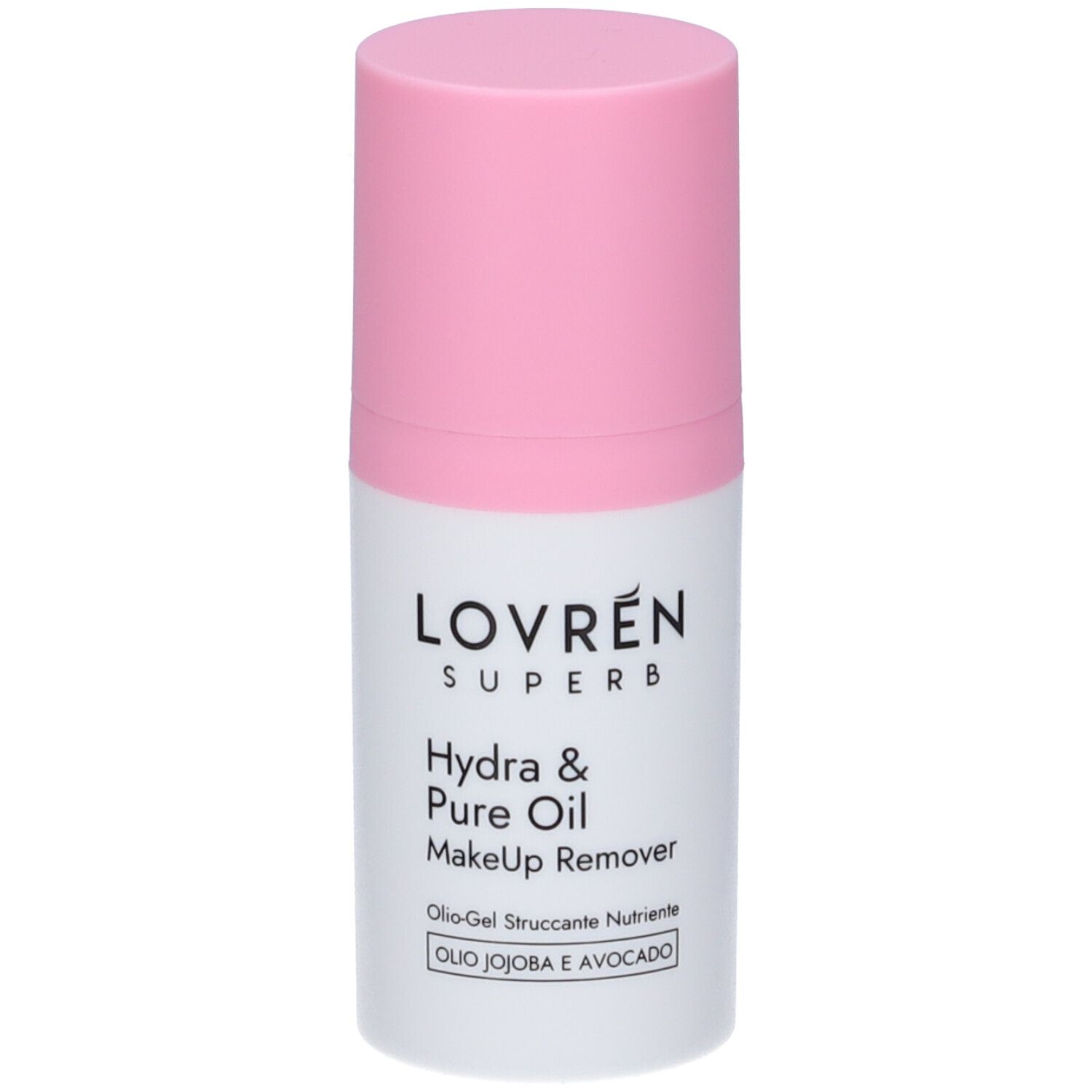 Flacone bianco e rosa. Scritta: Lovren Superb, Hydra & Pure Oil Makeup Remover. Oilo-Gel Struccante Nutriente. Oilo Jojoba e Avocado.