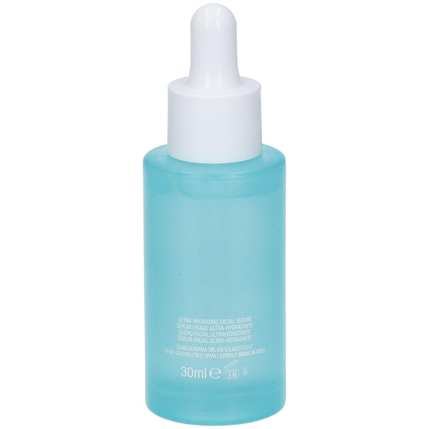 Retro del flacone blu. Testo: Ultra Hydrating Face Serum, 30ml. Prodotto in Italia.