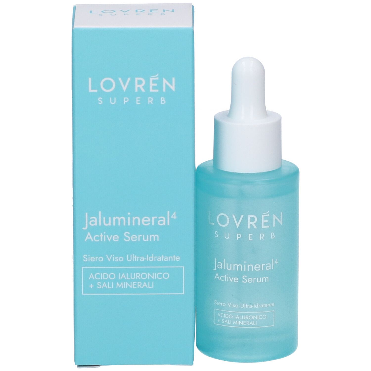 Prodotto e confezione. Scatola e flacone azzurri. Scritta: Lovren Superb Jalumineral Active Serum.