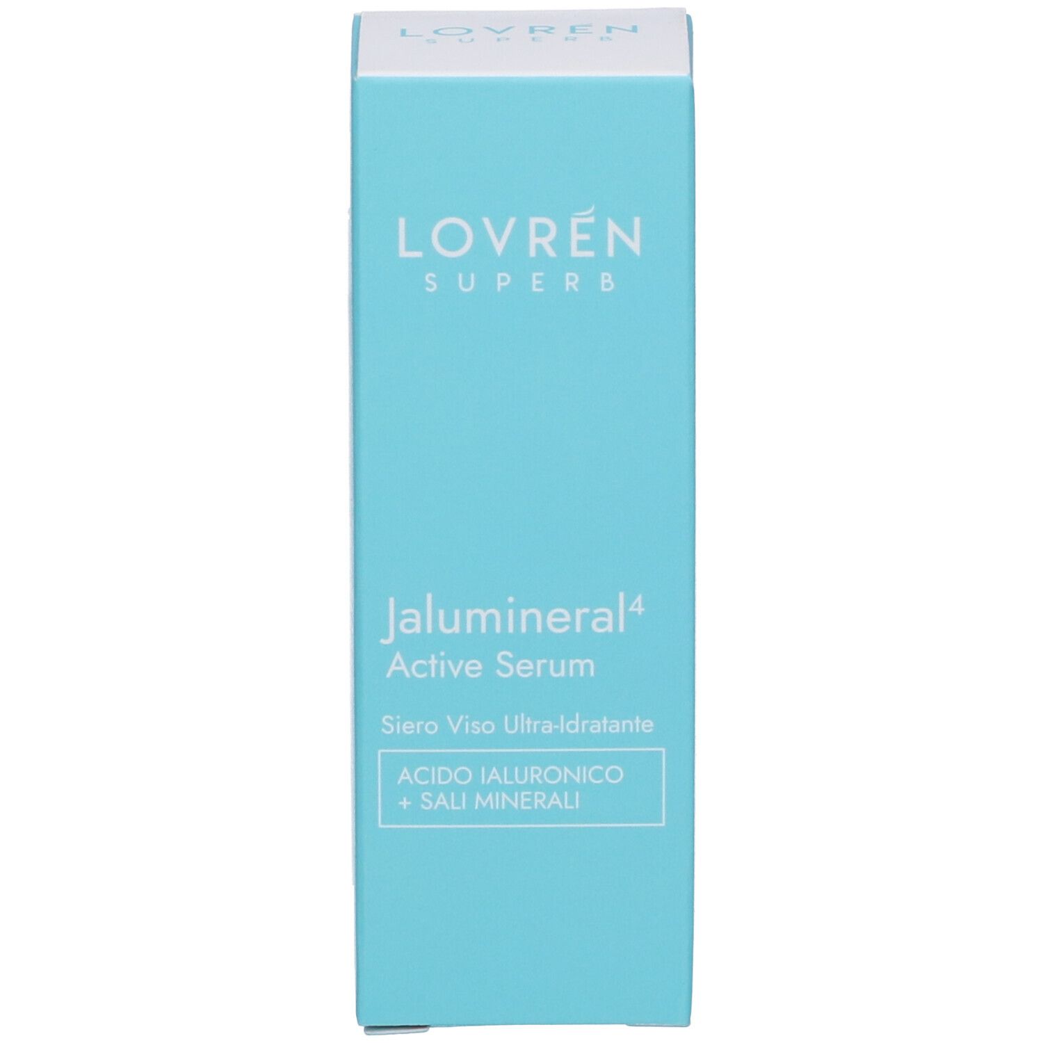 Scatola azzurra. Scritta: Lovren Superb Jalumineral Active Serum. Testo: Acido Ialuronico + Sali Minerali.