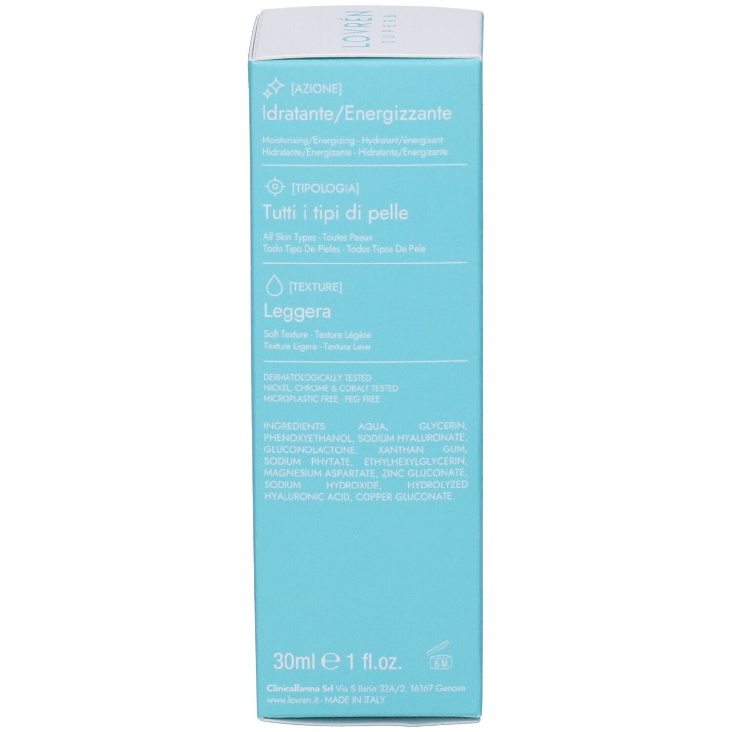 Retro della scatola azzurra. Testo: Ingredienti, 30ml, 1 fl.oz.