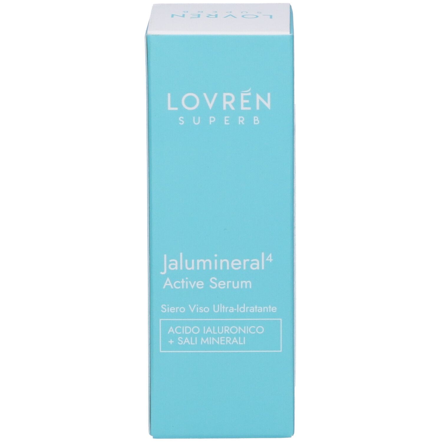 Scatola azzurra. Scritta: Lovren Superb Jalumineral Active Serum. Testo: Acido Ialuronico + Sali Minerali.