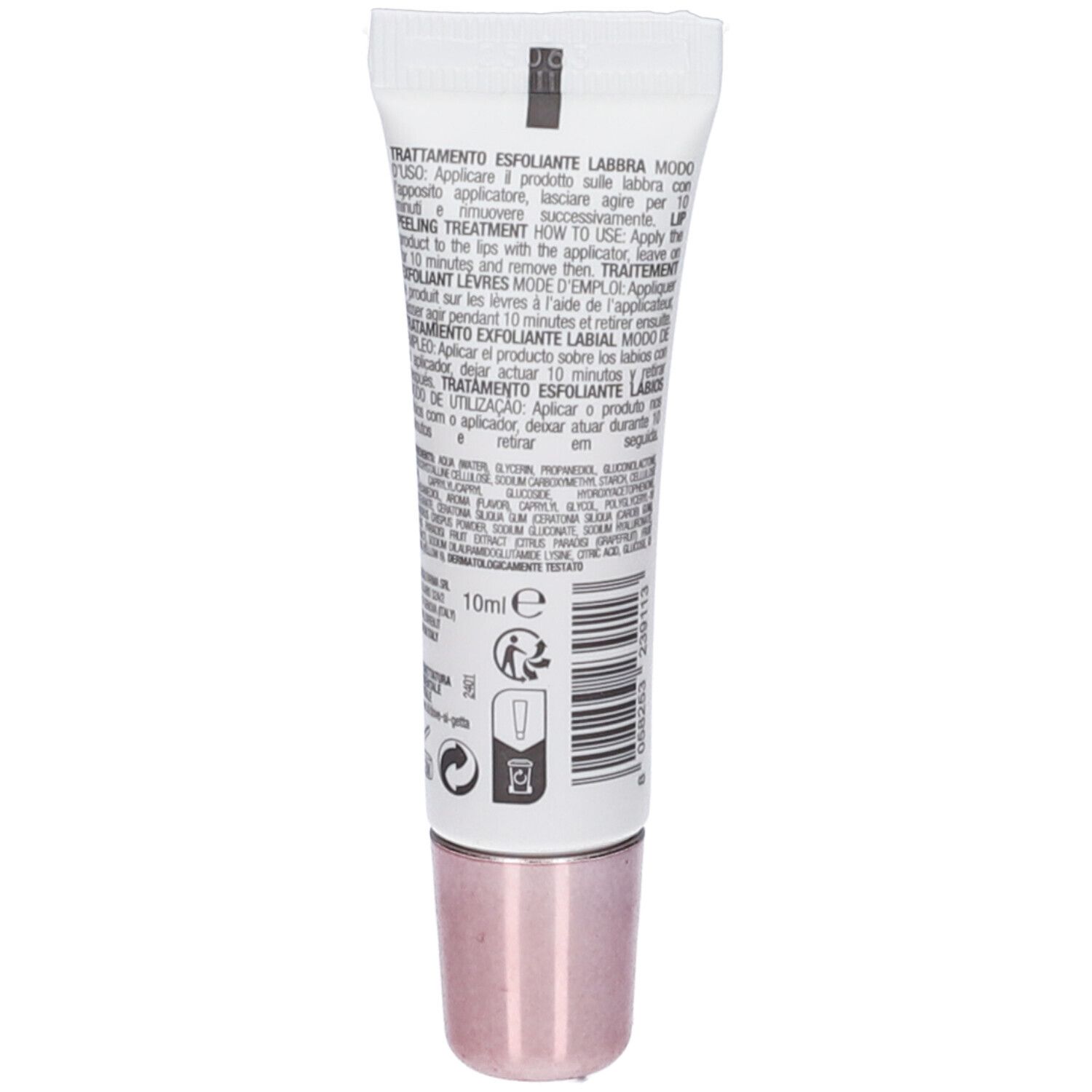 Retro del tubo. Testo multilingue. Contiene 10ml. Con simboli per istruzioni e riciclo.